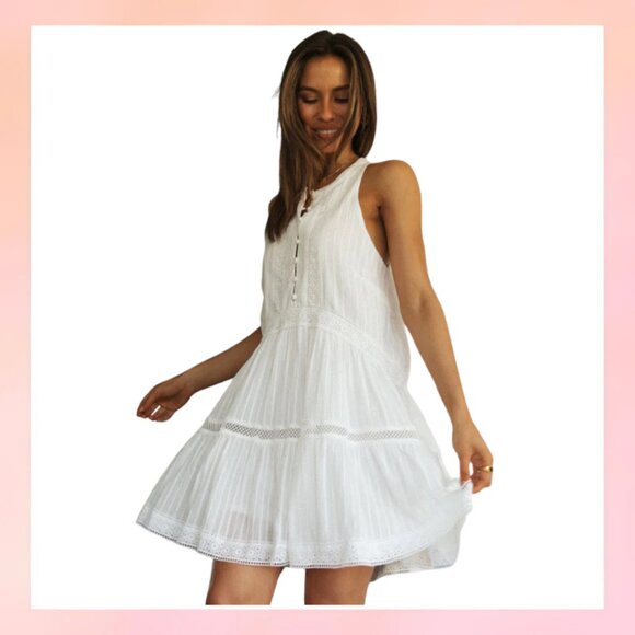 Dresses & Skirts - White Patchwork Stand-Up Collar Button Dress Medium